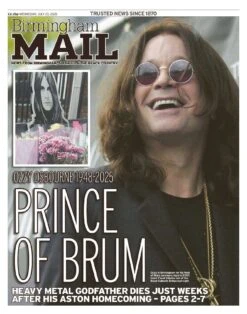 Birmingham Mail 23rd July 2025 Newspaper Ozzy Osbourne Black Sabbath Dies At 76